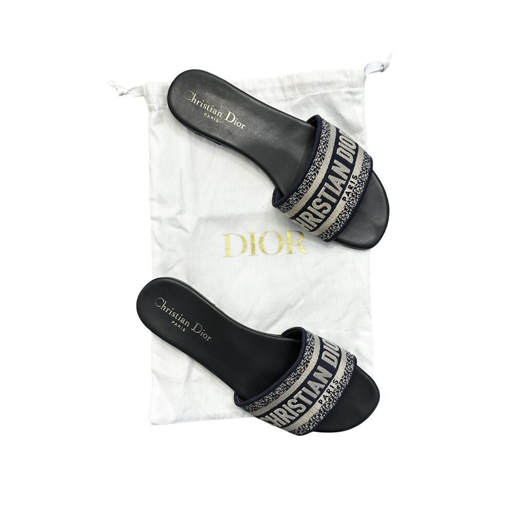Christian Dior Dway Blue Toile Embroidered Logo Mules Slides Sandals Size 37.5 - Picture 8 of 8